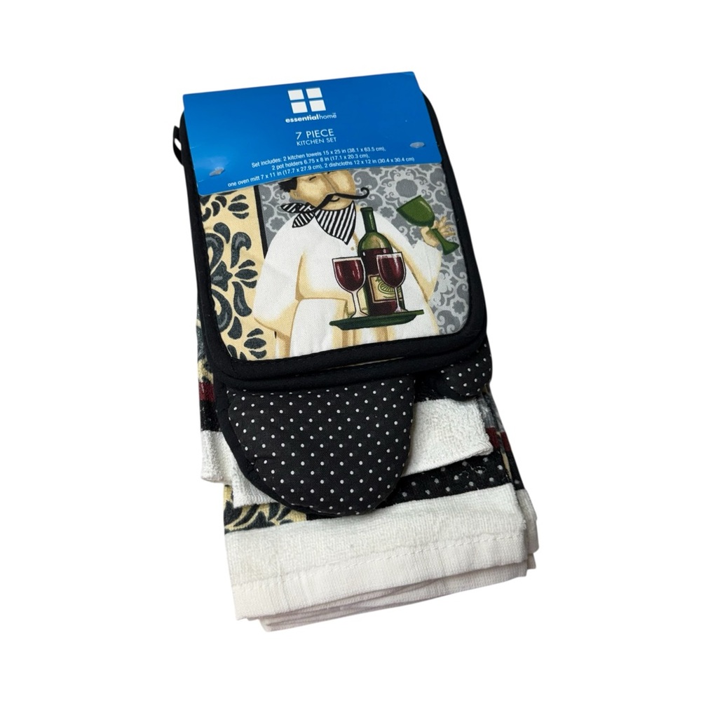 Essential Home kitchen Wine Cellar Chef 7 Pc. Towel, Dish Cloth Oven Mitt Set
